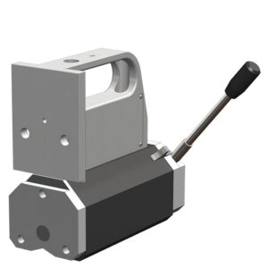 Industrial lifting magnet with a sturdy handle and lever for secure handling of heavy metal objects.