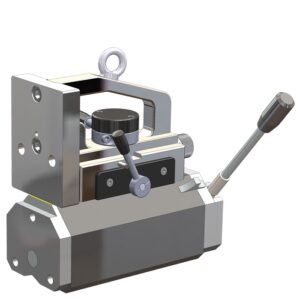 Mechanical industrial component with levers and dials for machinery control, shown in detailed 3D rendering.