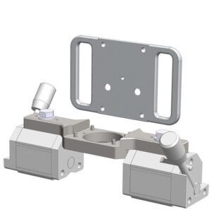 Technical 3D model of a CNC machine part with mounting plate and components.