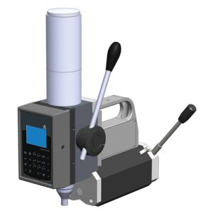 Portable handheld dot peen marking machine with control panel and dual handles, ideal for industrial engraving.