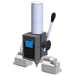 Digital height measuring instrument with touchscreen and lever, used for precise measurements in workshops.