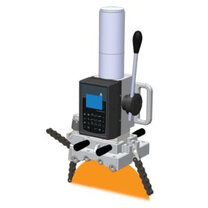 Industrial pipe cutting machine illustration with control panel and chains, designed for precision cuts on pipes.