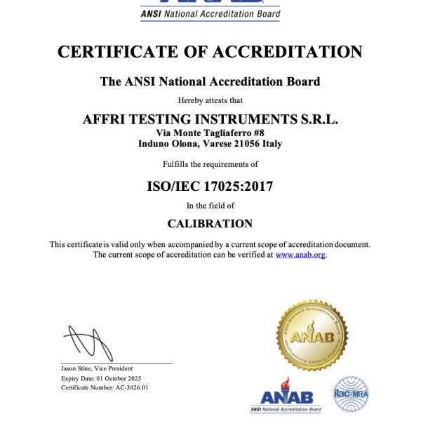 ISO/IEC 17025:2017 Certificate for Affri Testing Instruments S.R.L. by ANAB in Calibration, Varese, Italy.
