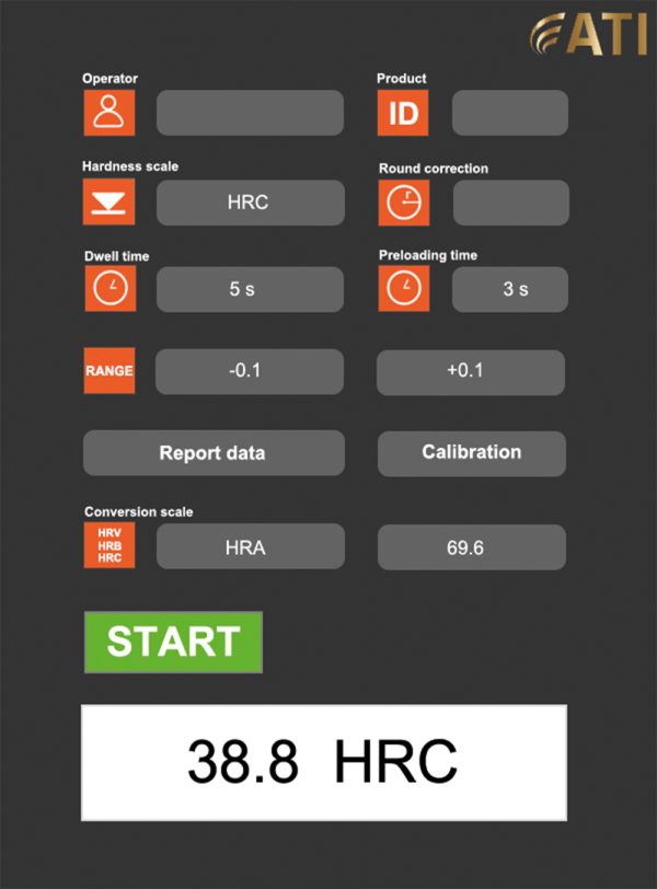Hardness scale interface with HRC measurement, dwell time, preloading, and calibration settings. Start button visible.