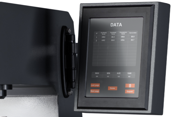 Touchscreen interface displaying hardness test data with navigation and export options on industrial equipment.