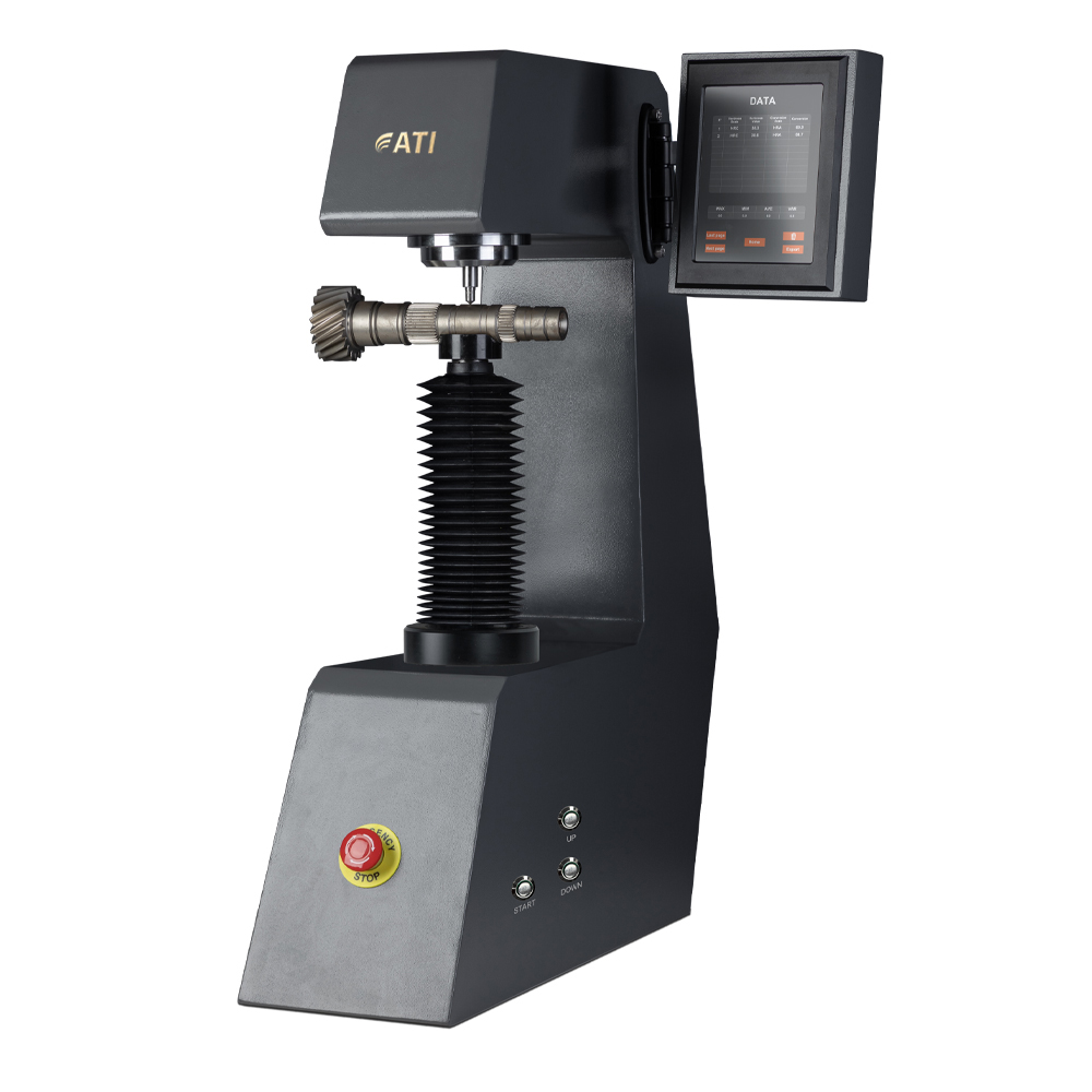 Hardness testing machine with digital display for precise material analysis and quality control.