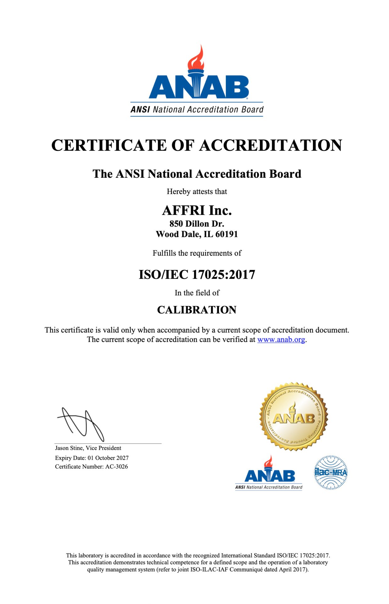 ANSI National Accreditation Board certificate for AFFRI Inc. ISO/IEC 17025:2017 in calibration.