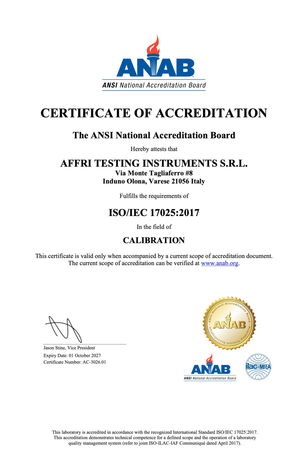 ISO/IEC 17025:2017 Calibration Accreditation Certificate by ANSI for AFFRI Testing Instruments S.R.L.