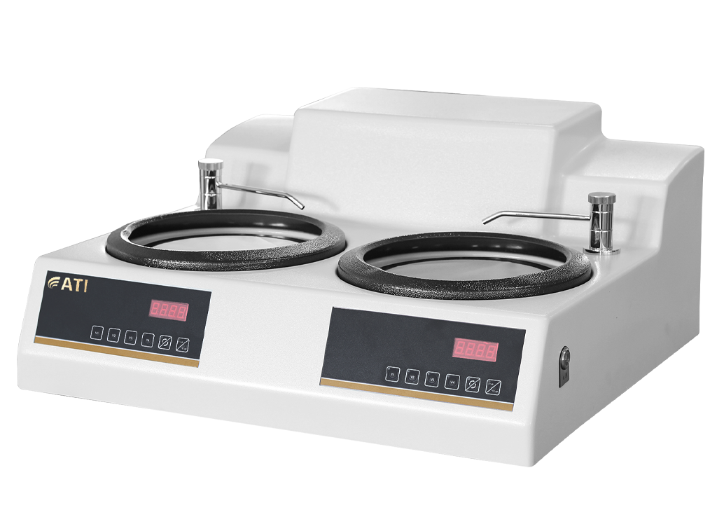 Lab equipment dual-disc polishing machine with digital display for precise specimen preparation.