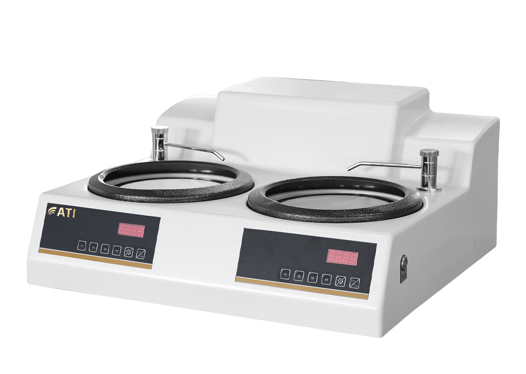 Dual disc polishing machine with digital controls for precise material preparation.