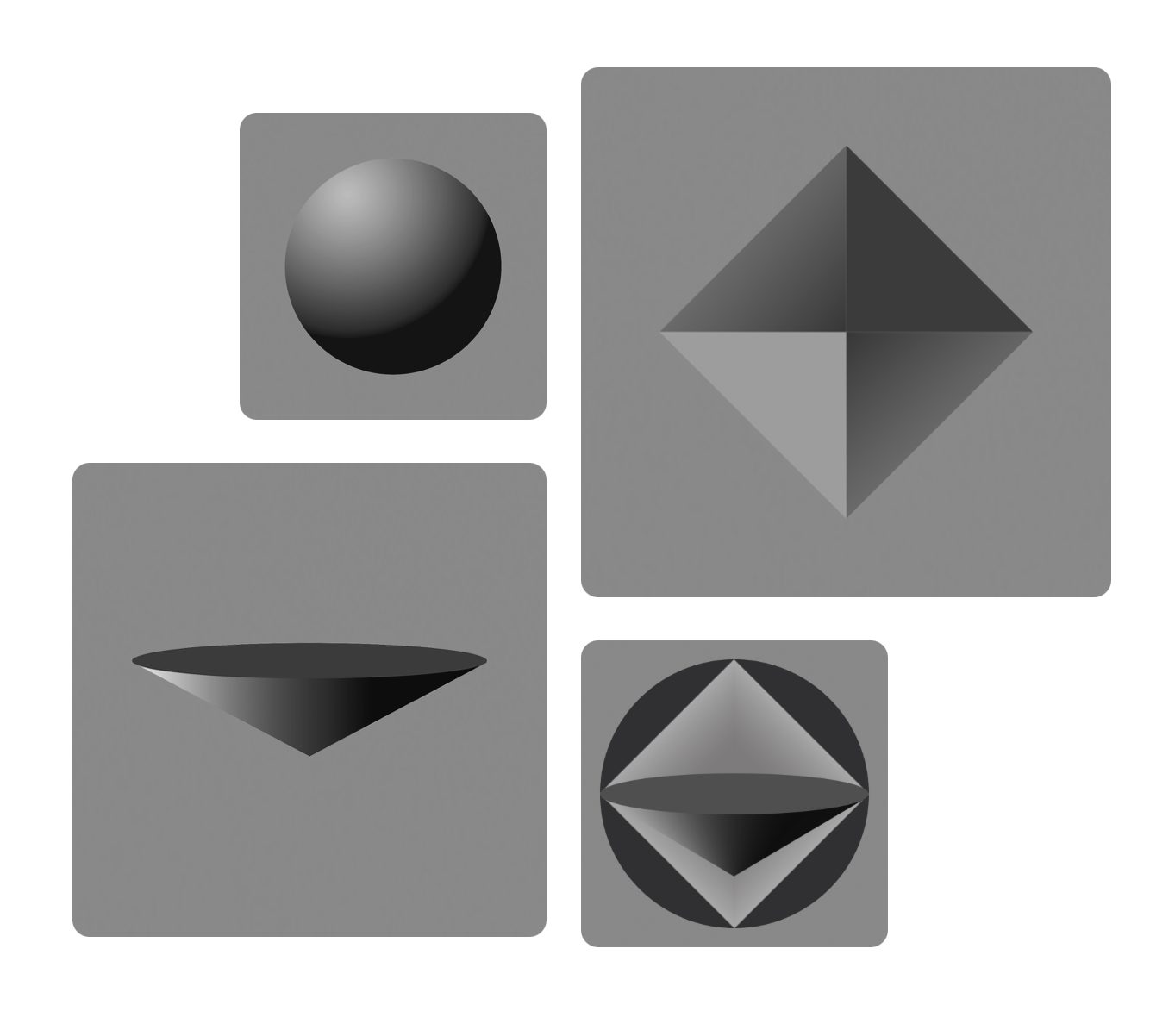 Geometric shapes set on gray squares, featuring spheres and pyramids, creating a modern abstract composition.